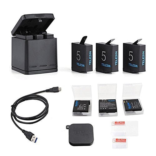 TELESIN Chargeur de batterie triple Set Chargeur + Batteries avec câble USB Type-C Kit d'accessoires pour GoPro Hero 6 / Hero 5 (Kit de batterie de chargeur 6 en 1) - Letrinoshop